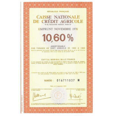Caisse Nationale du Crédit Agricole - Emprunt Novembre 1976 10.60%