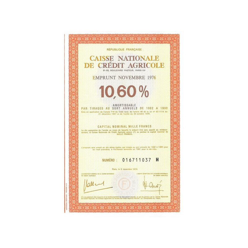 Caisse Nationale du Crédit Agricole - Emprunt Novembre 1976 10.60%