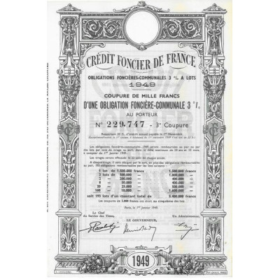 Crédit Foncier de France Obligations Foncières Communales 3% à lots 1949 (1000 F)