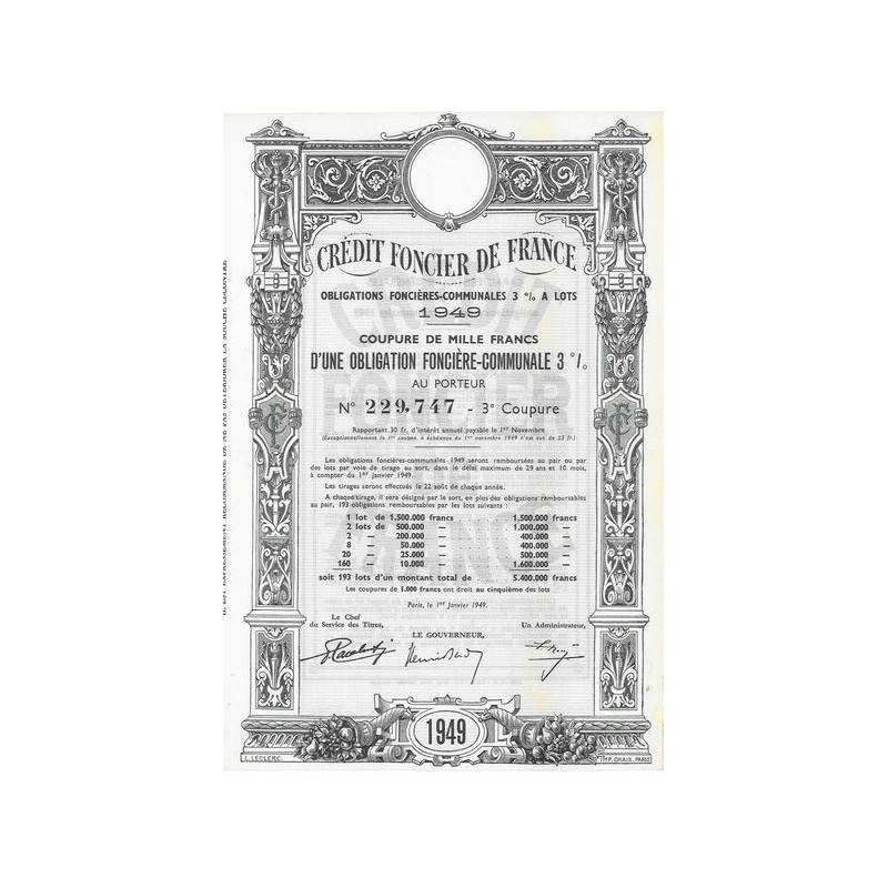 Crédit Foncier de France Obligations Foncières Communales 3% à lots 1949 (1000 F)
