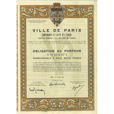 Ville de Paris Emprunt à lots 3 % 1948 - Obl