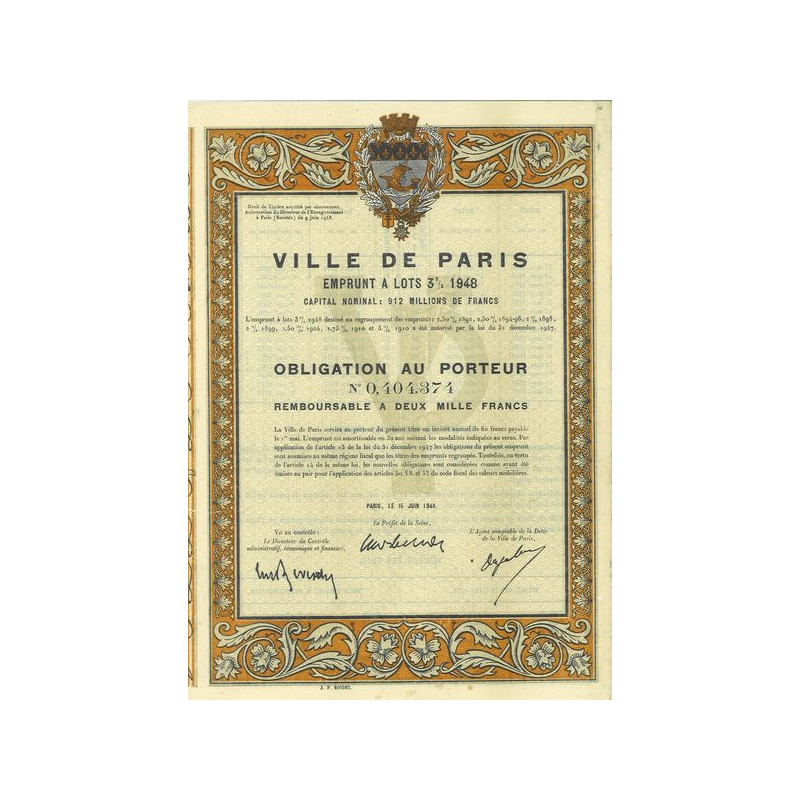 Ville de Paris Emprunt à lots 3 % 1948 - Obl