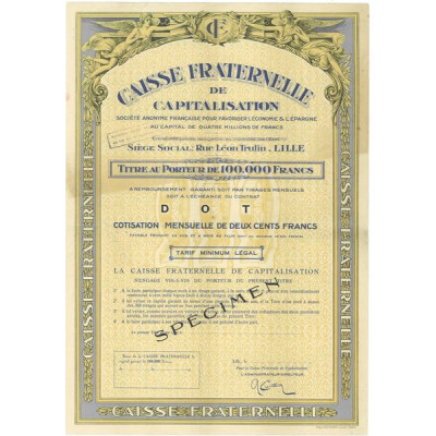 Caisse Fraternelle de Capitalisation - S.A. Française pour Favoriser l'Economie & l'Epargne (Titre 100 000 F) (Specimen)