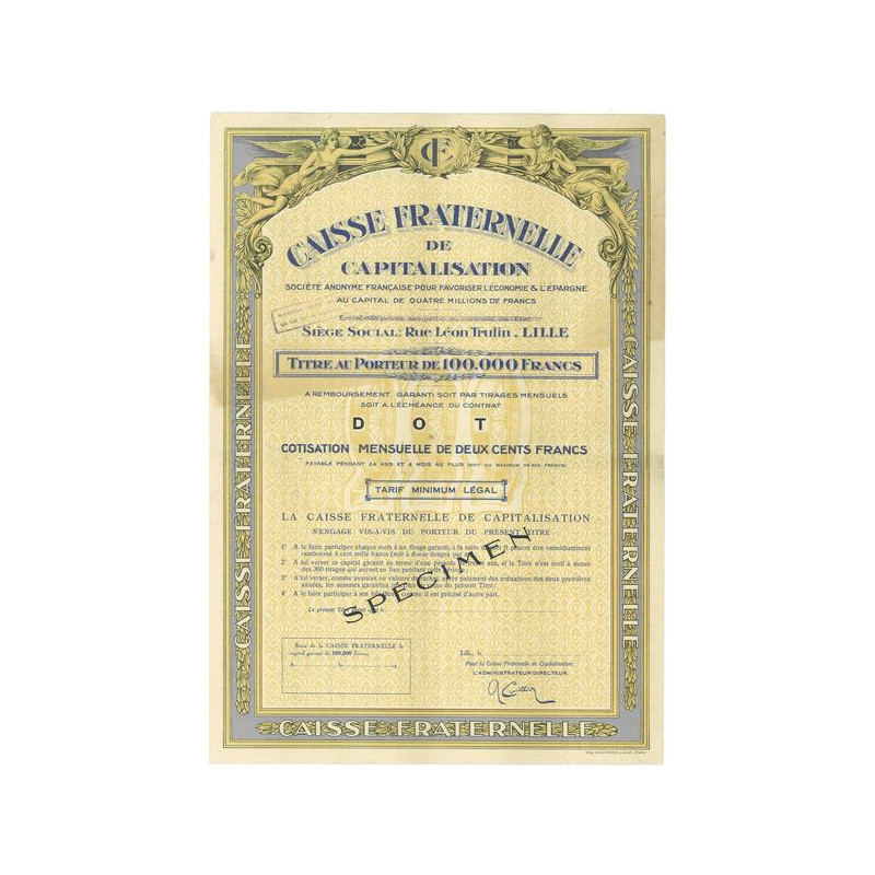 Caisse Fraternelle de Capitalisation - S.A. Française pour Favoriser l'Economie & l'Epargne (Titre 100 000 F) (Specimen)