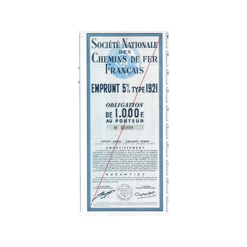 Sté Nationale des Chemins de Fer Français - Emprunt 4 % type 1921 - Intérêt 50 F