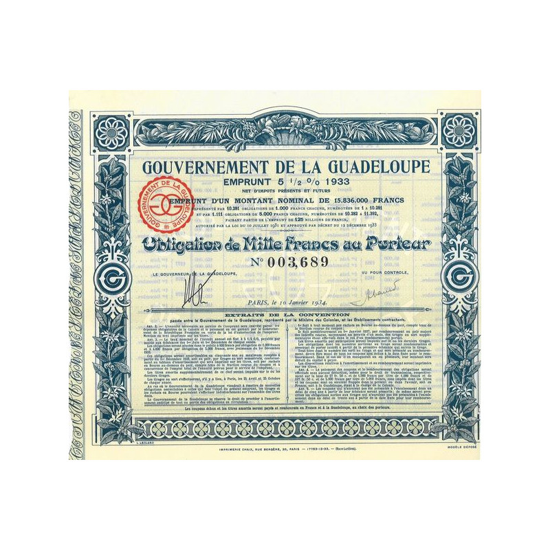 Gvt de la Guadeloupe - Emprunt 5 1/2 % 1933