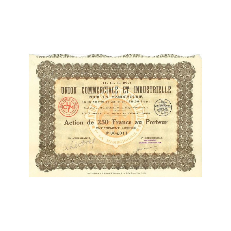 (U.C.I.M.) Union Commerciale et Industrielle pour la Mandchourie (Act 250 F)