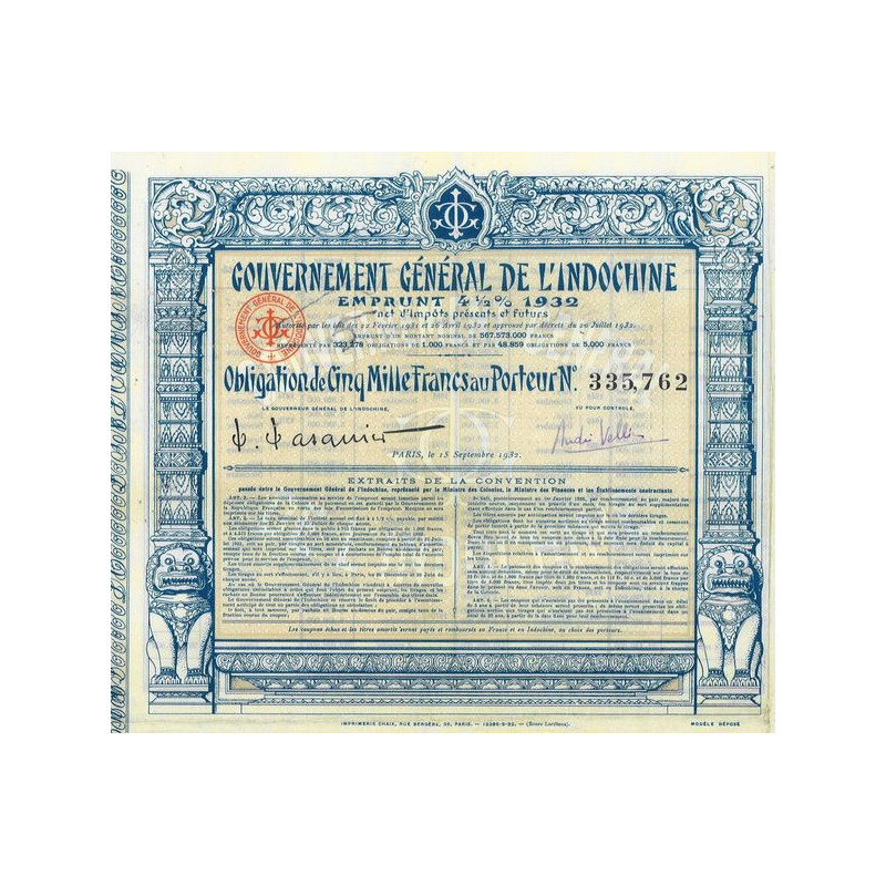 Gvt Général de l'Indochine - Emprunt 4 1/2 % 1932