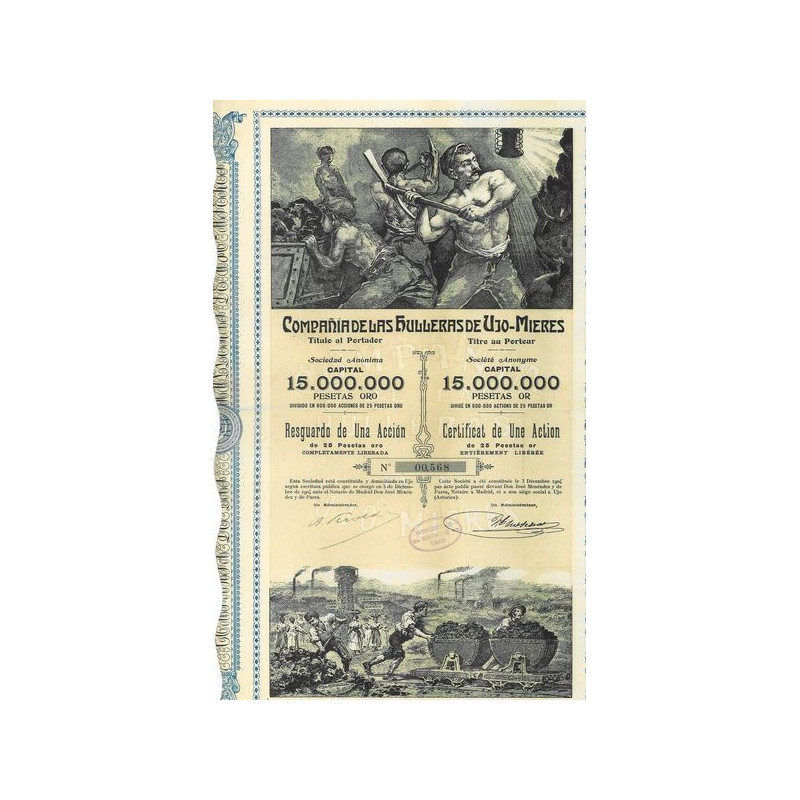 Cia de las Hulleras de Ujo-Mieres (Concesiones Riunidas de Ujo-Mieres y Riosa) (Certif 1 Act 25 Pesetas)