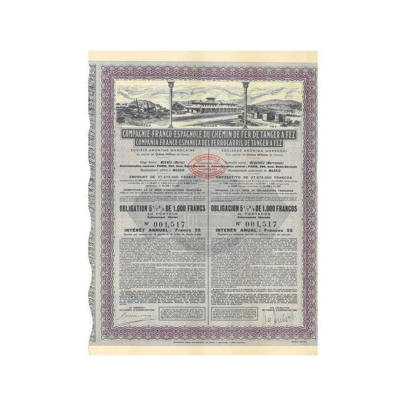 Cie Franco-Espagnole du Chemin de Fer de Tanger à Fez (Obl 5 1/2 % 1000 F)