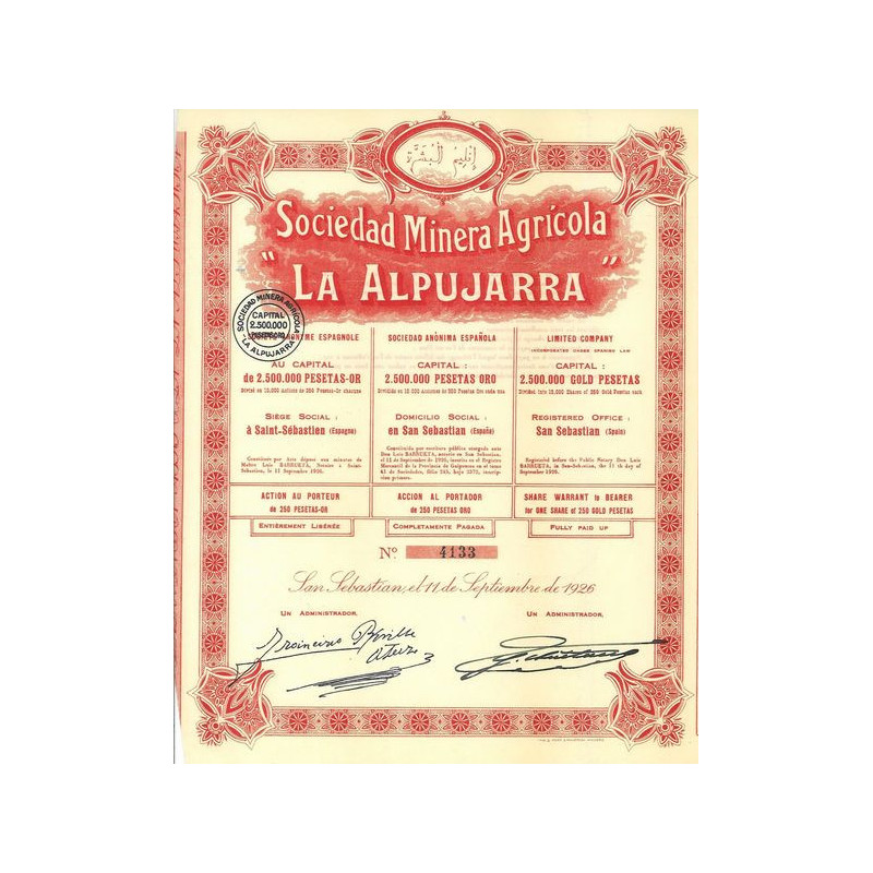 Sociedad Minera Agricola "La Alpujarra" (Acc 250 Pes Oro)