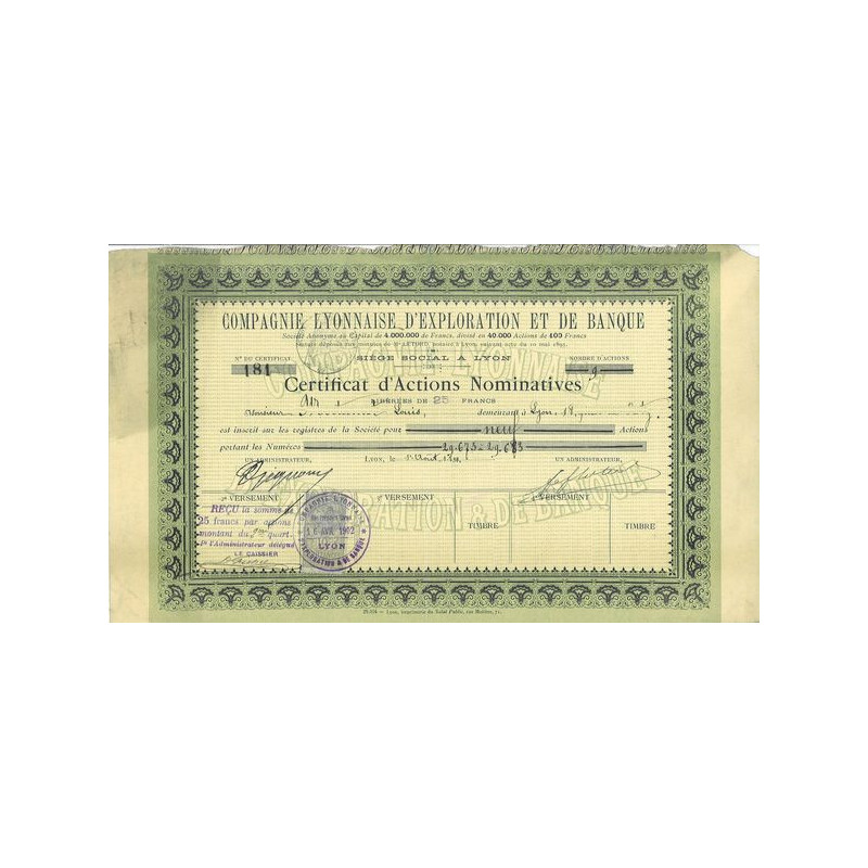 Cie Lyonnaise d'Exploration et de Banque (Certif)