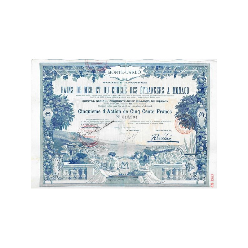 S.A. des Bains de Mer et du Cercle des Etrangers à Monaco (5ème d'Action 500 F)