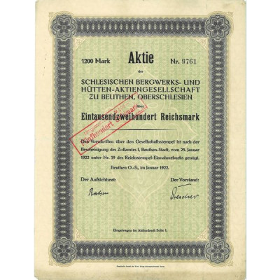 Aktie der Schlesischen Bergwerks und Hütten Aktiengesellschaft zu Beuthen. Oberschlesien