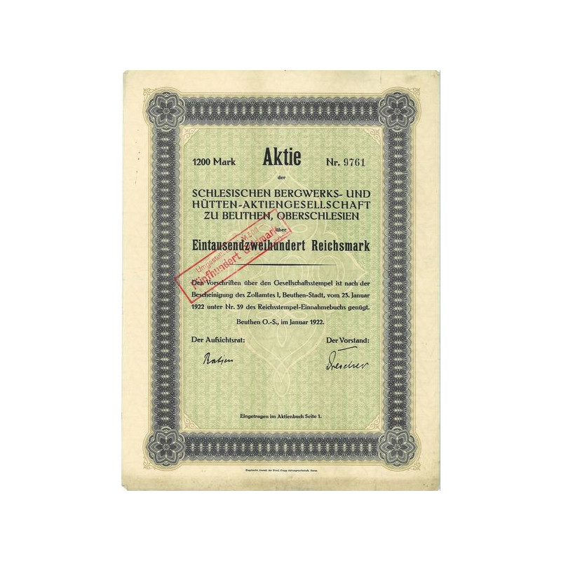 Aktie der Schlesischen Bergwerks und Hütten Aktiengesellschaft zu Beuthen. Oberschlesien