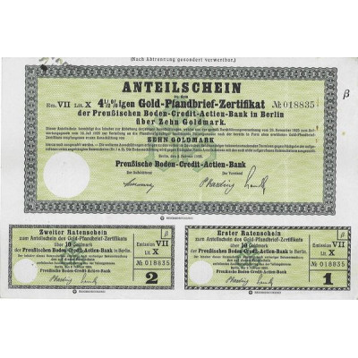 4 1/2 % Gold-Pfandbrieg-Zertificat der Preussischen Boden-Credit-Actien-Bank in Berlin ( 10 Goldmark)