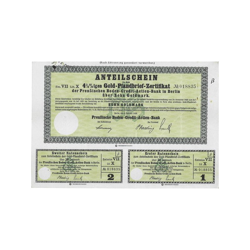 4 1/2 % Gold-Pfandbrieg-Zertificat der Preussischen Boden-Credit-Actien-Bank in Berlin ( 10 Goldmark)