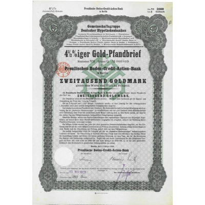 4 1/2 % Gold-Pfandbrieg-Zertificat der Preussischen Boden-Credit-Actien-Bank in Berlin (2000 Goldmark)