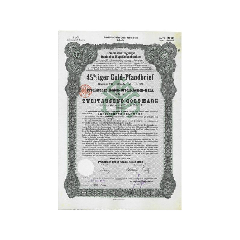 4 1/2 % Gold-Pfandbrieg-Zertificat der Preussischen Boden-Credit-Actien-Bank in Berlin (2000 Goldmark)